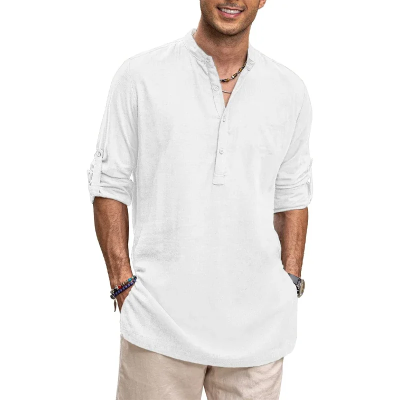 Mens New Cotton Oversized Henley Shirt Casual Lightweight Long Sleeve Tops Stylish Beach and Hawaiian Inspired Tee for Men