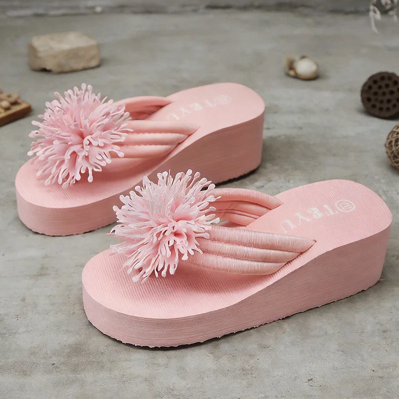 Women'S Elegant Pink Floral Flip-Flops Comfortable Lightweight Thick Sole Summer Sandals Women Clip Toe Platform Slippers 42