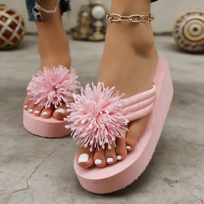 Women'S Elegant Pink Floral Flip-Flops Comfortable Lightweight Thick Sole Summer Sandals Women Clip Toe Platform Slippers 42