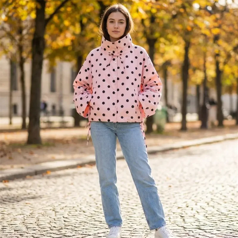 Women's Coat 2026 Autumn New Style Pink Polka Dot Long Sleeve Tie-Detail Single-Breasted Loose Coat Casual Fashion Versatile