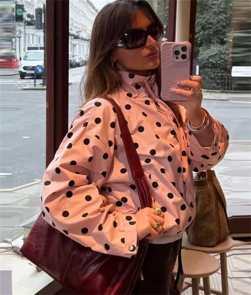 Women's Coat 2026 Autumn New Style Pink Polka Dot Long Sleeve Tie-Detail Single-Breasted Loose Coat Casual Fashion Versatile