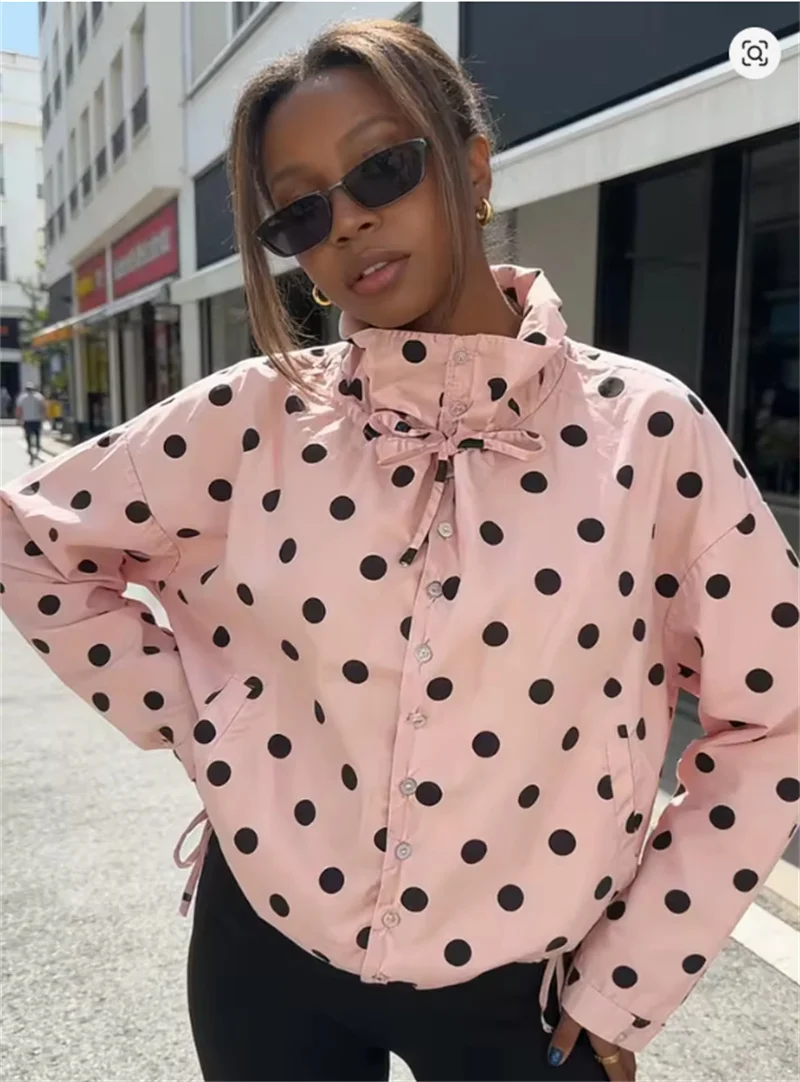 Women's Coat 2026 Autumn New Style Pink Polka Dot Long Sleeve Tie-Detail Single-Breasted Loose Coat Casual Fashion Versatile