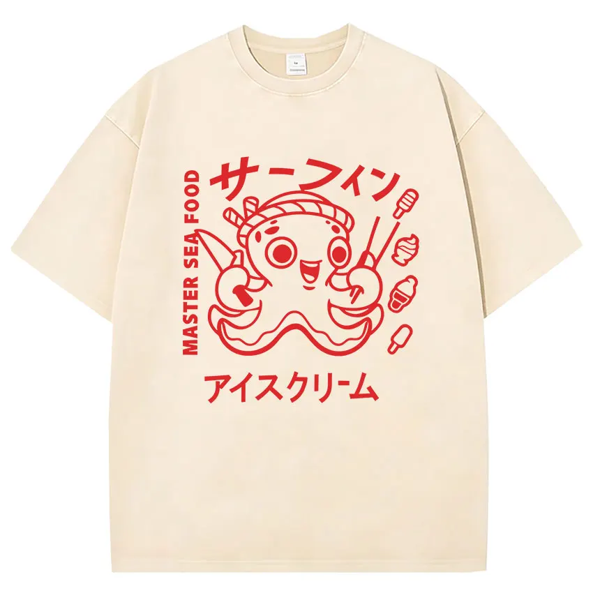 Funny Japanese Osaka Dotonbori Drunken Octopus Vintage Washed T Shirts Men Women Casual Fashion 100% Cotton Short Sleeve T-shirt