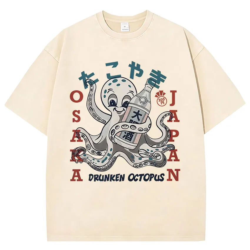 Funny Japanese Osaka Dotonbori Drunken Octopus Vintage Washed T Shirts Men Women Casual Fashion 100% Cotton Short Sleeve T-shirt