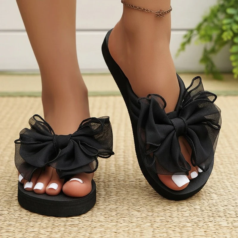 Black Mesh Bowknot Wedge Heel Flip Flops Woman Comfortable Lightweight Clip Toe Beach Slippers Woman Plus Size 43 Vacation Slide