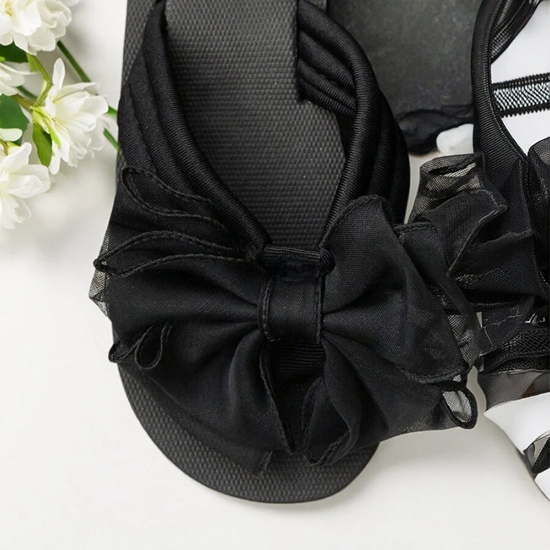 Black Mesh Bowknot Wedge Heel Flip Flops Woman Comfortable Lightweight Clip Toe Beach Slippers Woman Plus Size 43 Vacation Slide