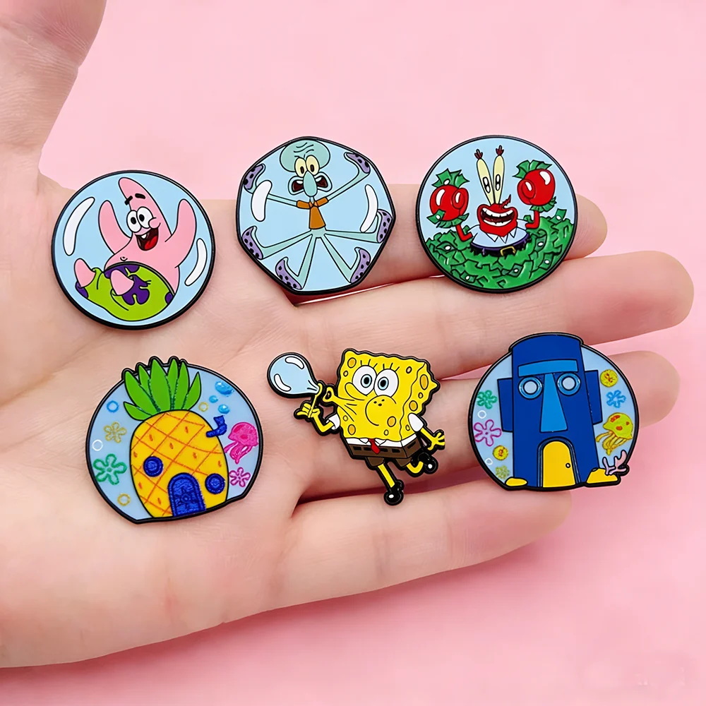 6Pcs Kawaii SpongeBob & Friends Enamel Pins Blow Bubbles Patrick Squidward Mr. Krabs Lapel Badges Kids Collectible Brooch Gift