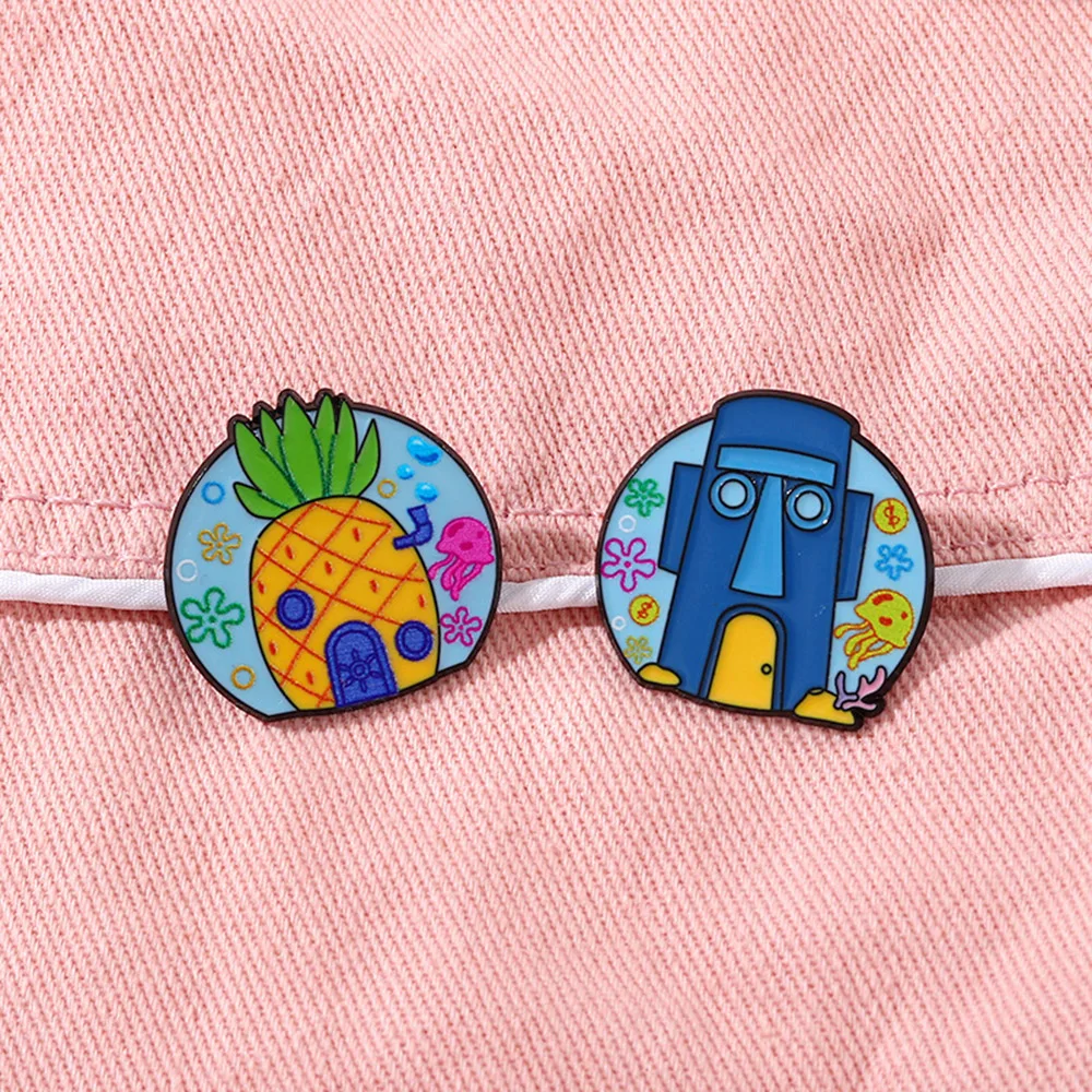6Pcs Kawaii SpongeBob & Friends Enamel Pins Blow Bubbles Patrick Squidward Mr. Krabs Lapel Badges Kids Collectible Brooch Gift