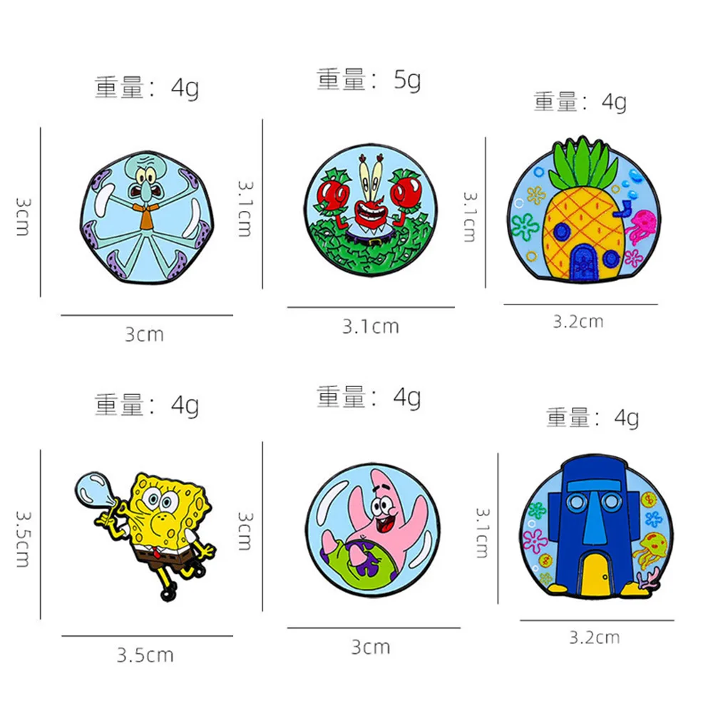 6Pcs Kawaii SpongeBob & Friends Enamel Pins Blow Bubbles Patrick Squidward Mr. Krabs Lapel Badges Kids Collectible Brooch Gift