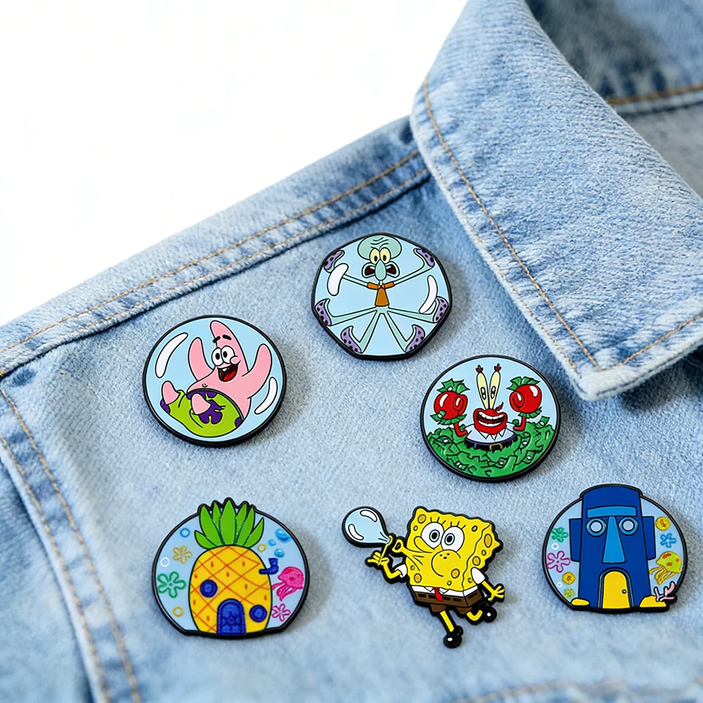 6Pcs Kawaii SpongeBob & Friends Enamel Pins Blow Bubbles Patrick Squidward Mr. Krabs Lapel Badges Kids Collectible Brooch Gift
