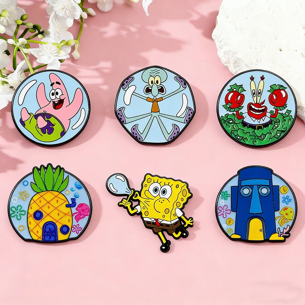 6Pcs Kawaii SpongeBob & Friends Enamel Pins Blow Bubbles Patrick Squidward Mr. Krabs Lapel Badges Kids Collectible Brooch Gift