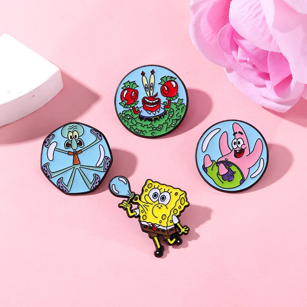 6Pcs Kawaii SpongeBob & Friends Enamel Pins Blow Bubbles Patrick Squidward Mr. Krabs Lapel Badges Kids Collectible Brooch Gift