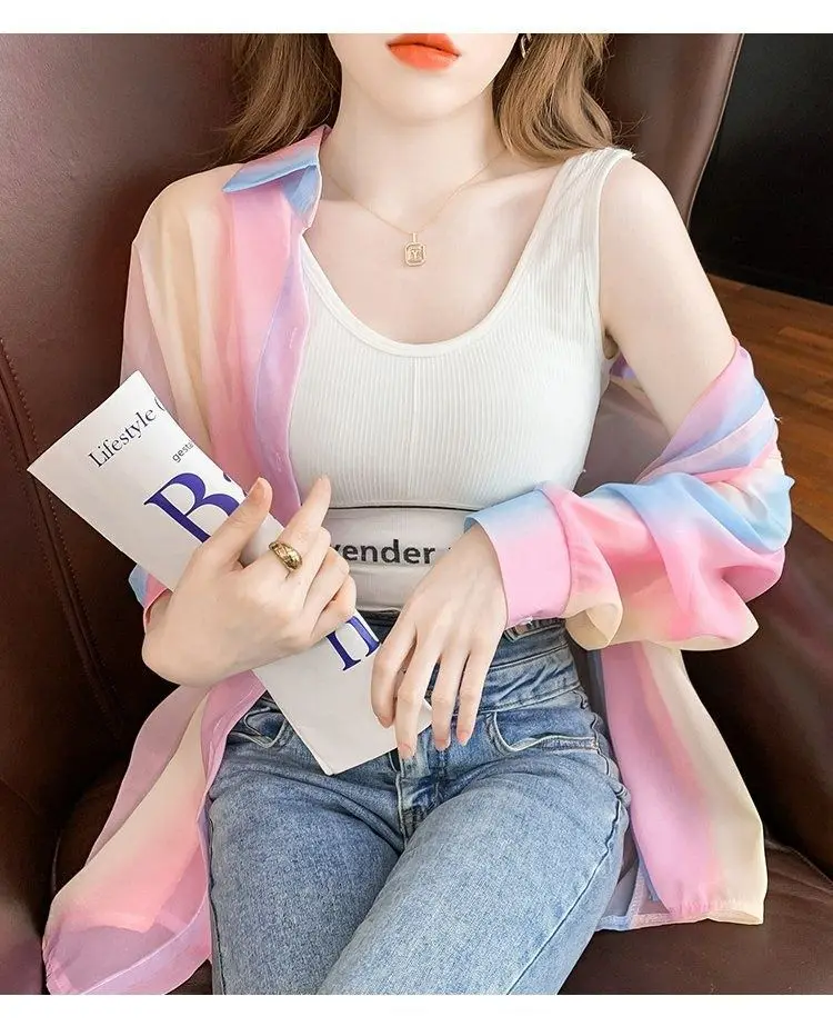 Women's Shirt Summer/Autumn 2025 New Long Sleeve Rainbow Shirt Fashionable Outerwear Lightweight Cardigan Coat