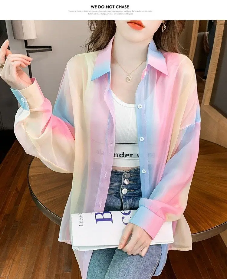 Women's Shirt Summer/Autumn 2025 New Long Sleeve Rainbow Shirt Fashionable Outerwear Lightweight Cardigan Coat