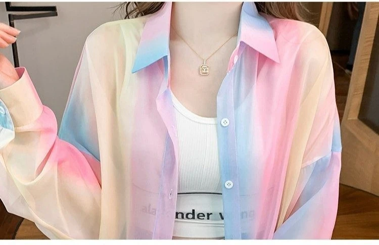 Women's Shirt Summer/Autumn 2025 New Long Sleeve Rainbow Shirt Fashionable Outerwear Lightweight Cardigan Coat