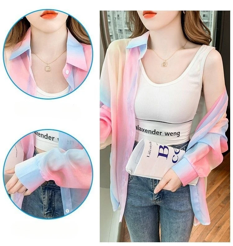 Women's Shirt Summer/Autumn 2025 New Long Sleeve Rainbow Shirt Fashionable Outerwear Lightweight Cardigan Coat