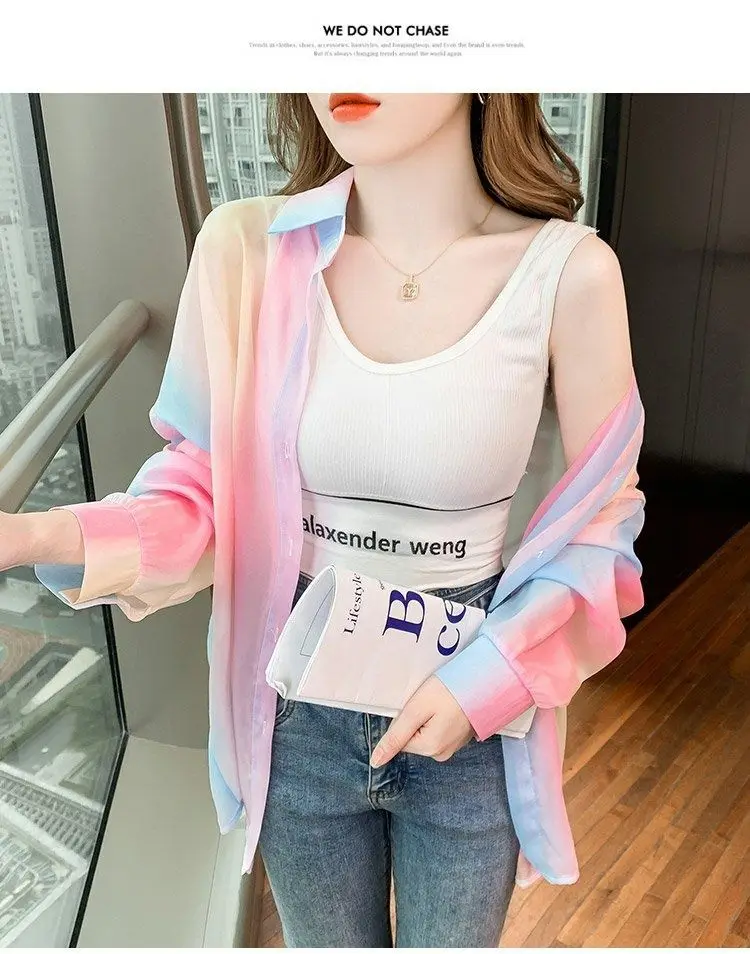 Women's Shirt Summer/Autumn 2025 New Long Sleeve Rainbow Shirt Fashionable Outerwear Lightweight Cardigan Coat