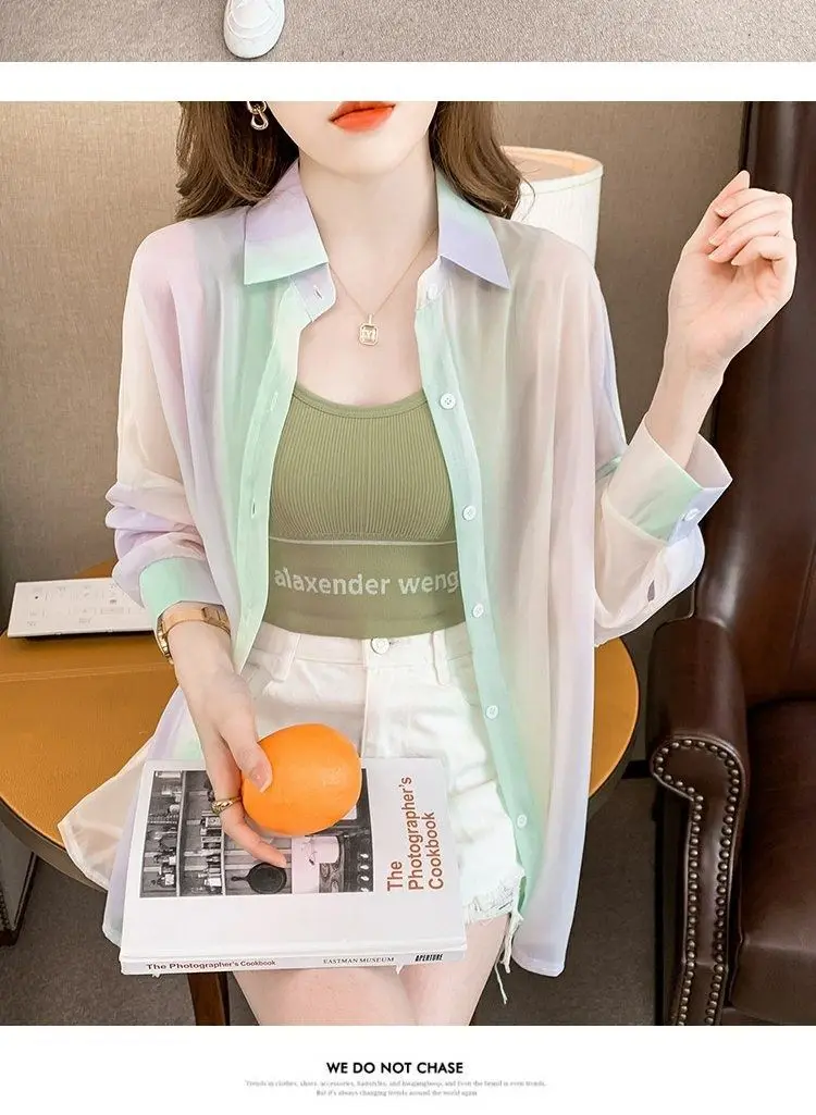 Women's Shirt Summer/Autumn 2025 New Long Sleeve Rainbow Shirt Fashionable Outerwear Lightweight Cardigan Coat