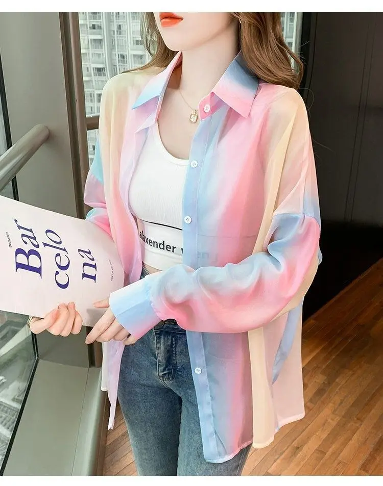 Women's Shirt Summer/Autumn 2025 New Long Sleeve Rainbow Shirt Fashionable Outerwear Lightweight Cardigan Coat