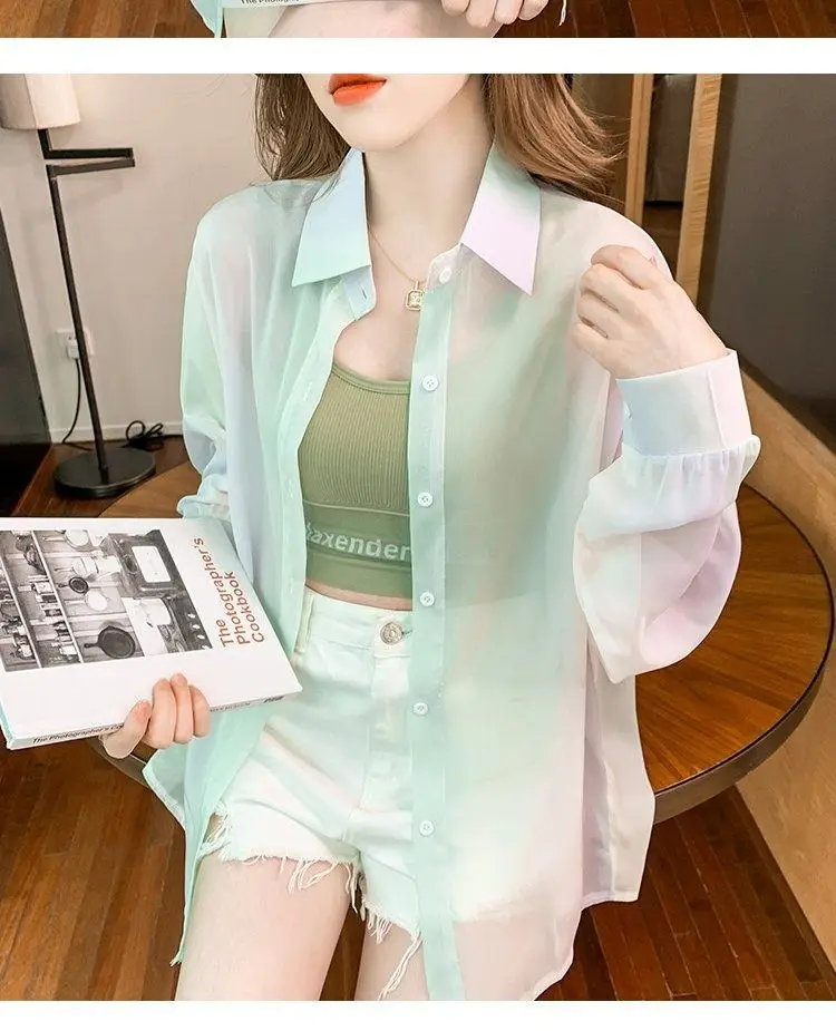 Women's Shirt Summer/Autumn 2025 New Long Sleeve Rainbow Shirt Fashionable Outerwear Lightweight Cardigan Coat