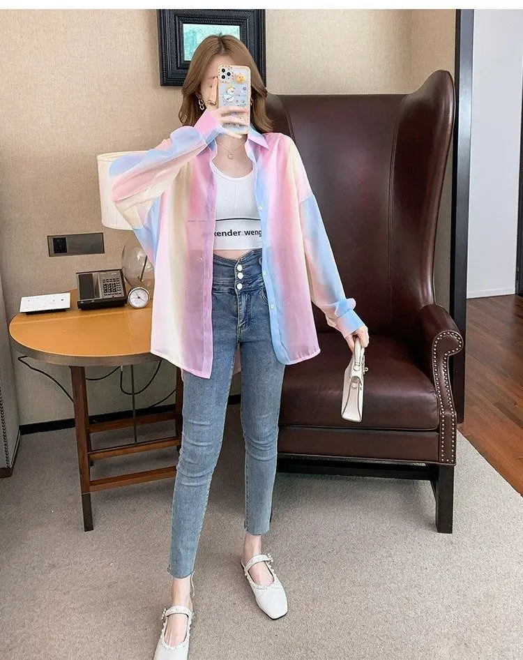 Women's Shirt Summer/Autumn 2025 New Long Sleeve Rainbow Shirt Fashionable Outerwear Lightweight Cardigan Coat