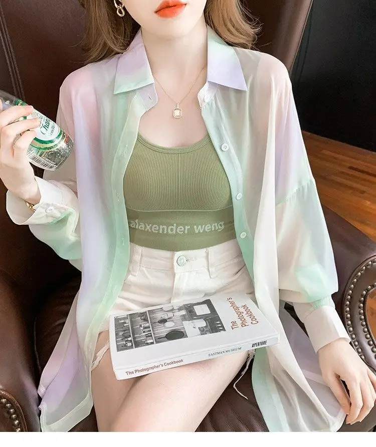 Women's Shirt Summer/Autumn 2025 New Long Sleeve Rainbow Shirt Fashionable Outerwear Lightweight Cardigan Coat