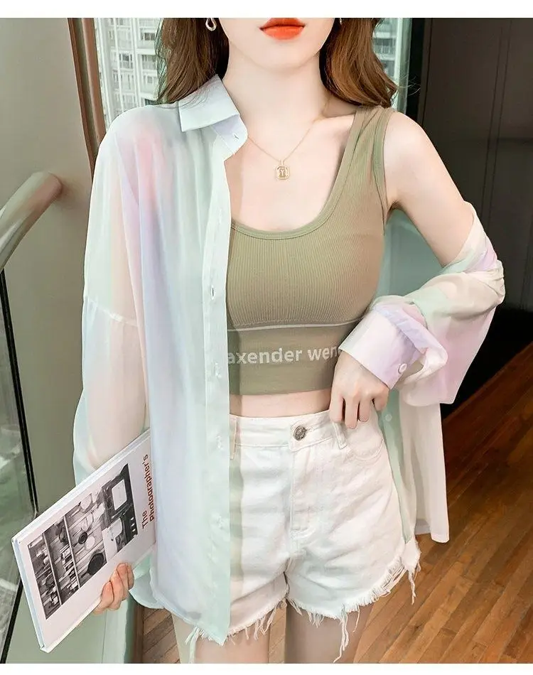 Women's Shirt Summer/Autumn 2025 New Long Sleeve Rainbow Shirt Fashionable Outerwear Lightweight Cardigan Coat
