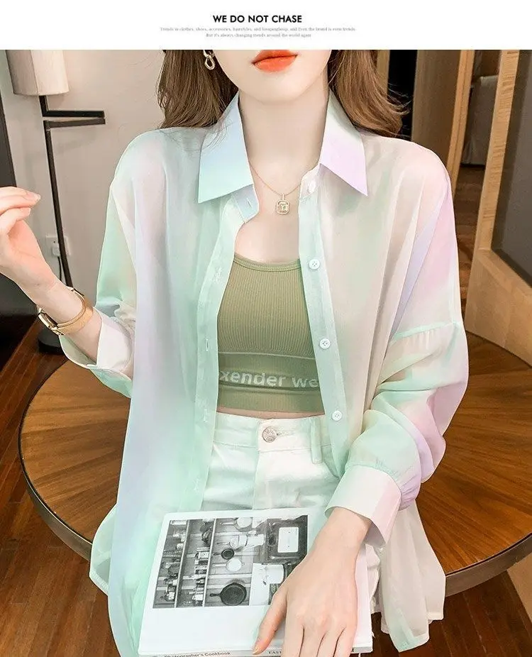 Women's Shirt Summer/Autumn 2025 New Long Sleeve Rainbow Shirt Fashionable Outerwear Lightweight Cardigan Coat