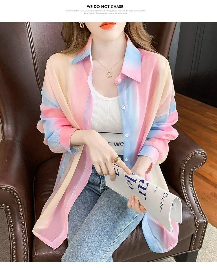 Women's Shirt Summer/Autumn 2025 New Long Sleeve Rainbow Shirt Fashionable Outerwear Lightweight Cardigan Coat