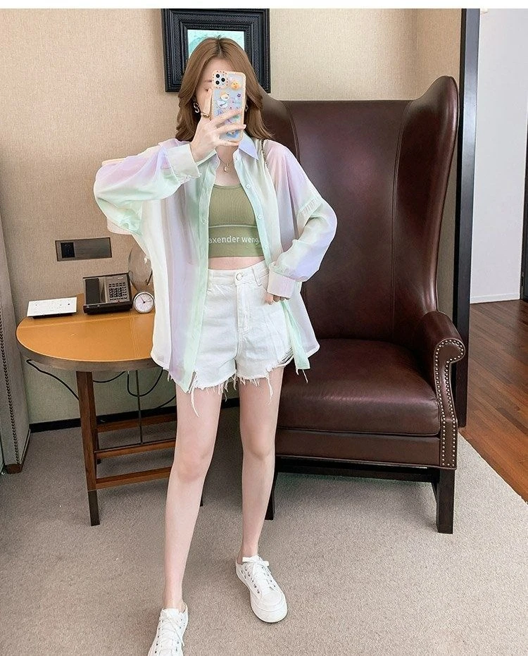 Women's Shirt Summer/Autumn 2025 New Long Sleeve Rainbow Shirt Fashionable Outerwear Lightweight Cardigan Coat
