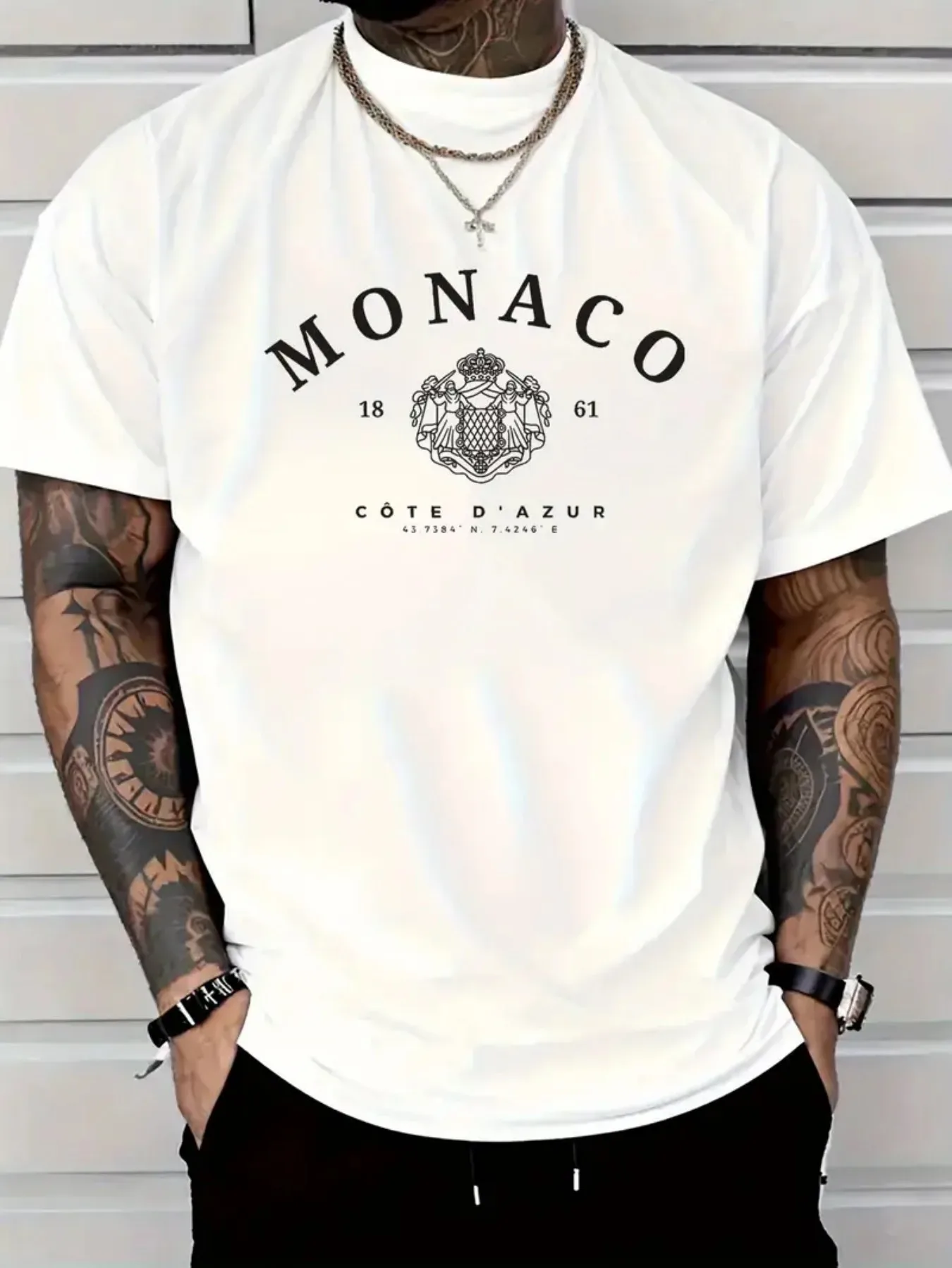 Men's 100% Cotton Casual Loose Breathable Fashionable Monaco Letter Pattern Printed Short Sleeve Round Neck T-Shirt Top
