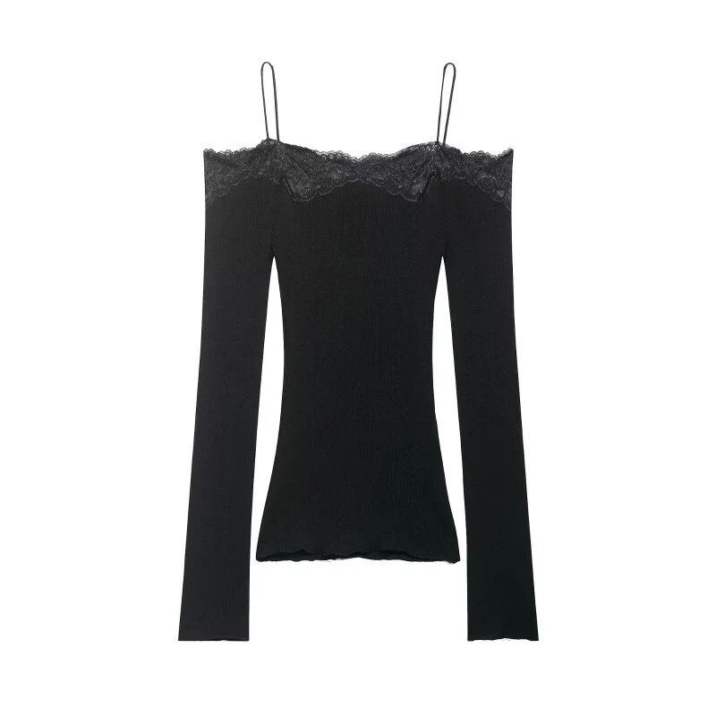 Lace Trim Off Shoulder Long Sleeve Knit Top for Women, Sexy Slim Fit Camisole, Spring Summer Casual Fashion Top