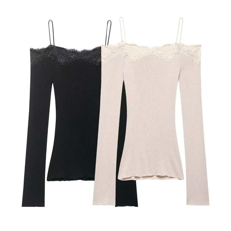 Lace Trim Off Shoulder Long Sleeve Knit Top for Women, Sexy Slim Fit Camisole, Spring Summer Casual Fashion Top