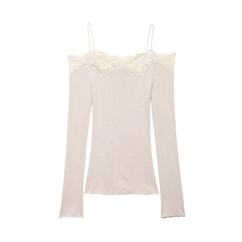 Lace Trim Off Shoulder Long Sleeve Knit Top for Women, Sexy Slim Fit Camisole, Spring Summer Casual Fashion Top