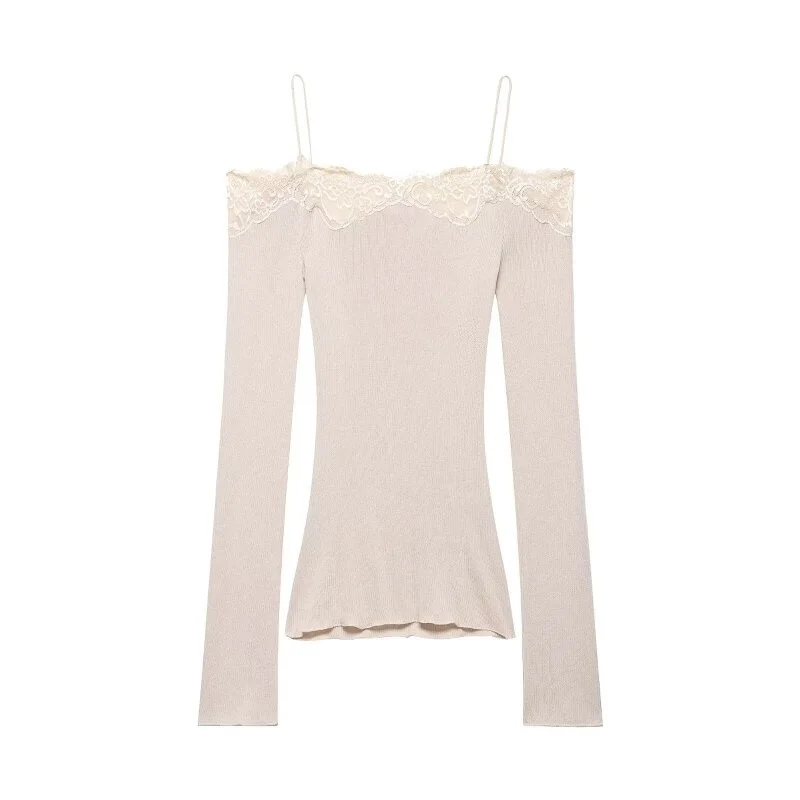 Lace Trim Off Shoulder Long Sleeve Knit Top for Women, Sexy Slim Fit Camisole, Spring Summer Casual Fashion Top