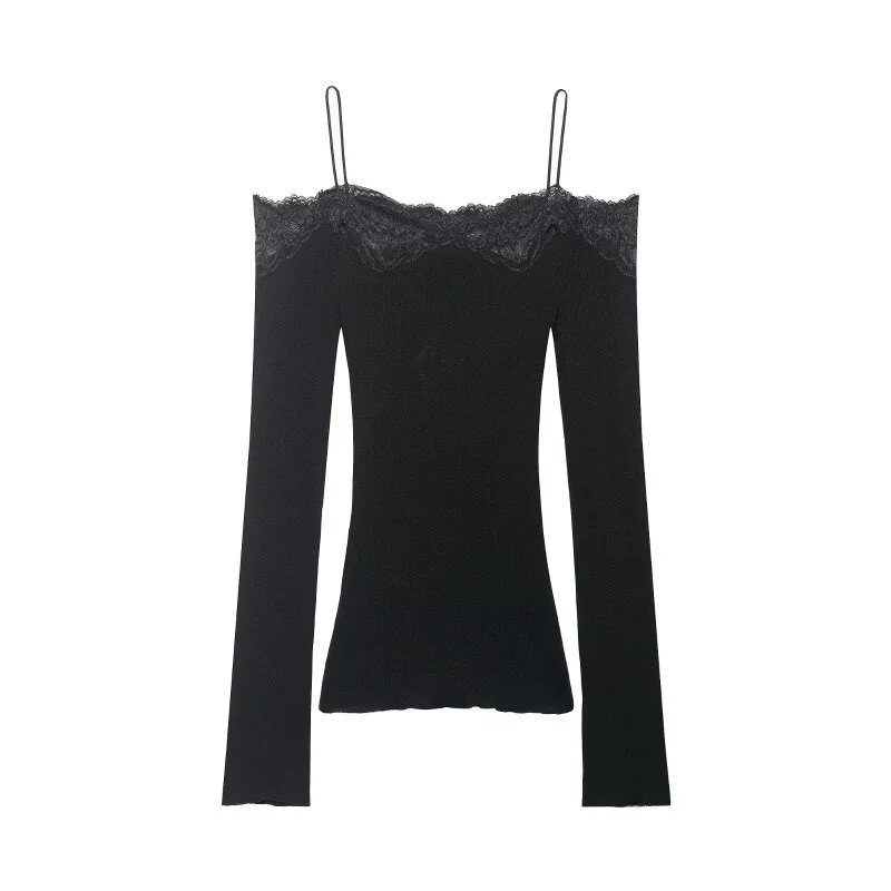 Lace Trim Off Shoulder Long Sleeve Knit Top for Women, Sexy Slim Fit Camisole, Spring Summer Casual Fashion Top