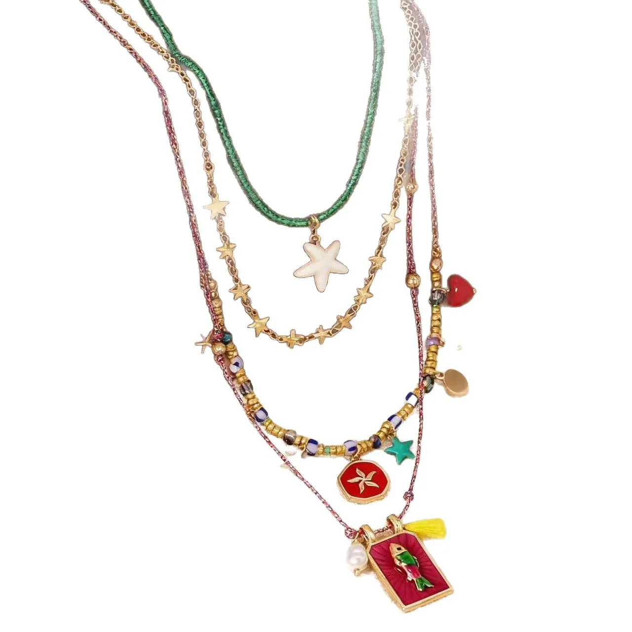 KMVEXO 4PCS/Set Bohemian Multilayer Necklace Imitate Enamel Fish Charm Colorful Beads Elegant Women Long Choker Vacation Jewelry