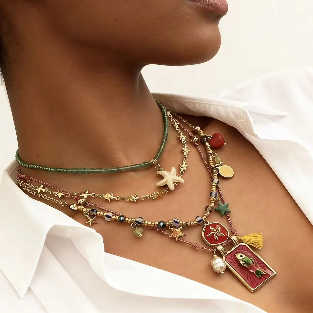 KMVEXO 4PCS/Set Bohemian Multilayer Necklace Imitate Enamel Fish Charm Colorful Beads Elegant Women Long Choker Vacation Jewelry