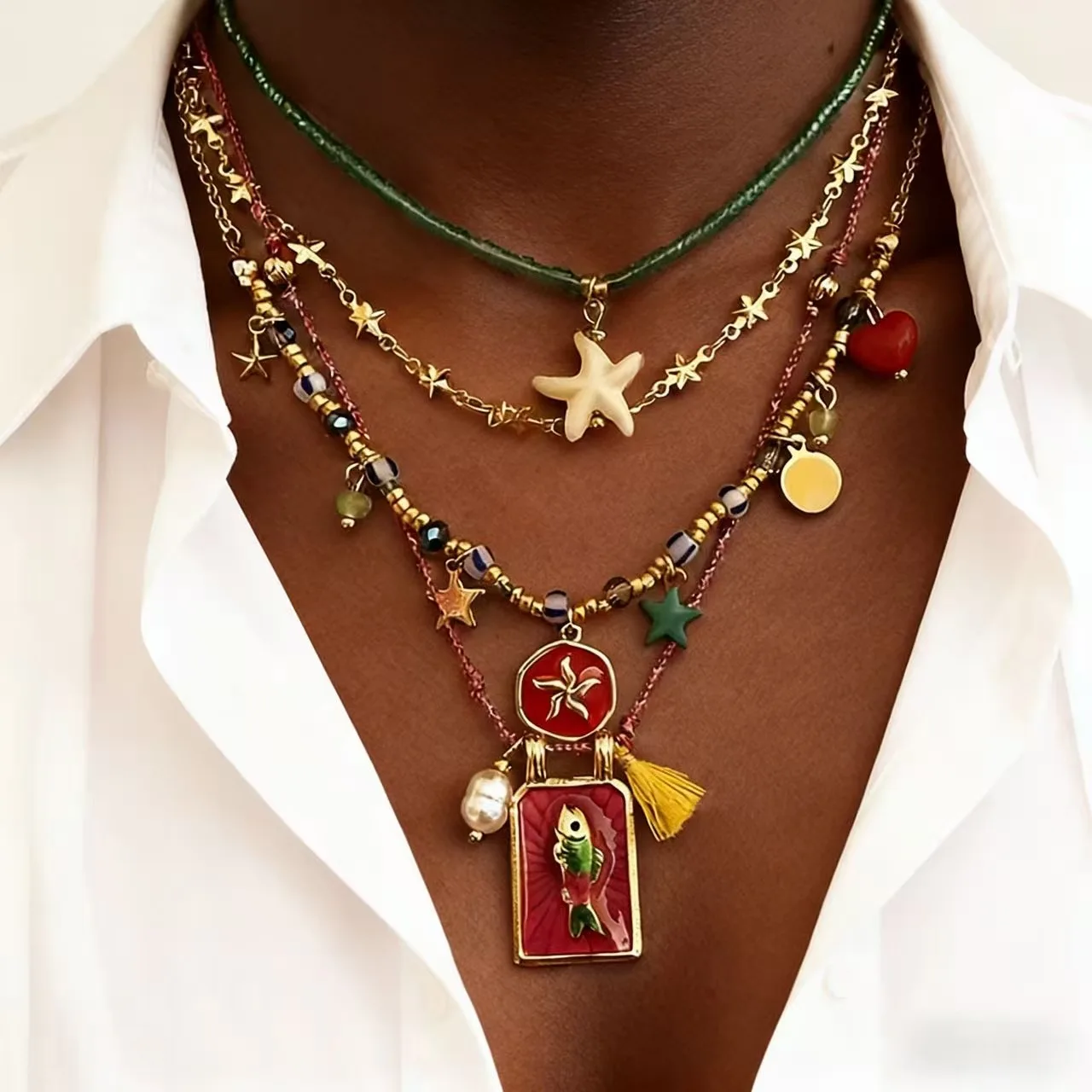 KMVEXO 4PCS/Set Bohemian Multilayer Necklace Imitate Enamel Fish Charm Colorful Beads Elegant Women Long Choker Vacation Jewelry