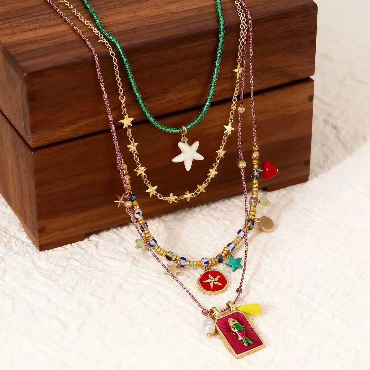 KMVEXO 4PCS/Set Bohemian Multilayer Necklace Imitate Enamel Fish Charm Colorful Beads Elegant Women Long Choker Vacation Jewelry