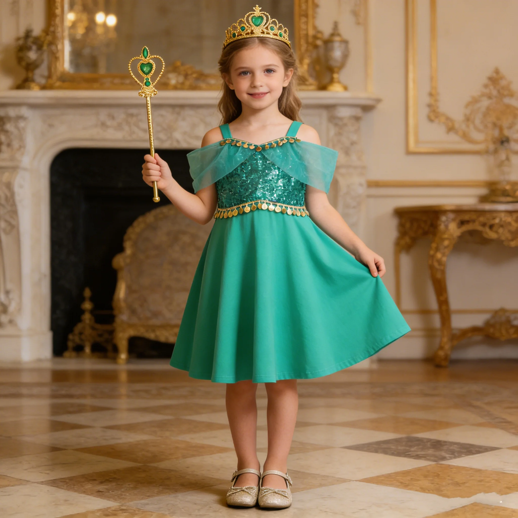 Girls Jasmine Inspired Sequin Off-Shoulder Dress with Crown Wand & Jewelry Set Summer Children's Party Performance Costumes