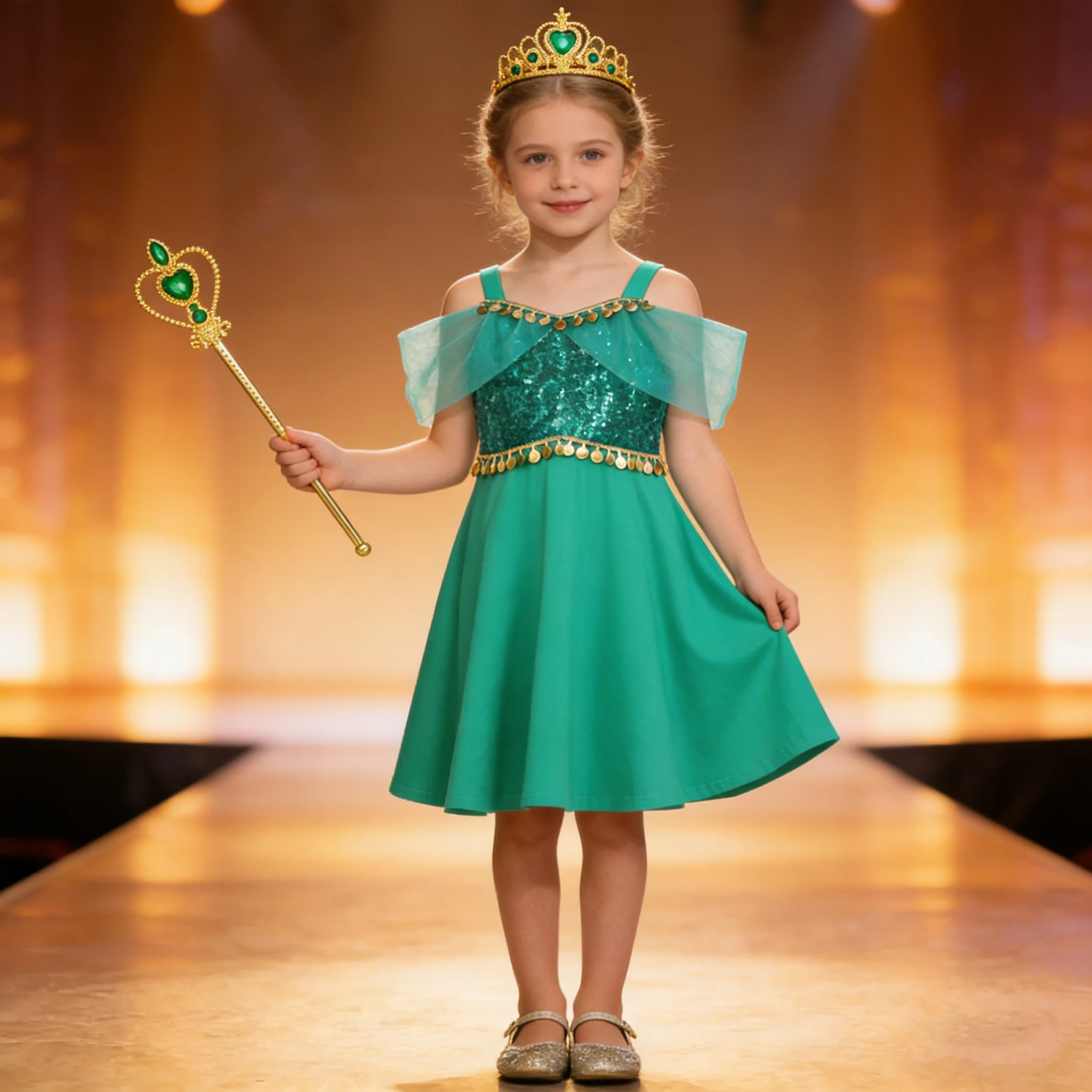  Girls Jasmine Inspired Sequin Off-Shoulder Dress with Crown Wand & Jewelry Set Summer Children's Party Performance Costumes