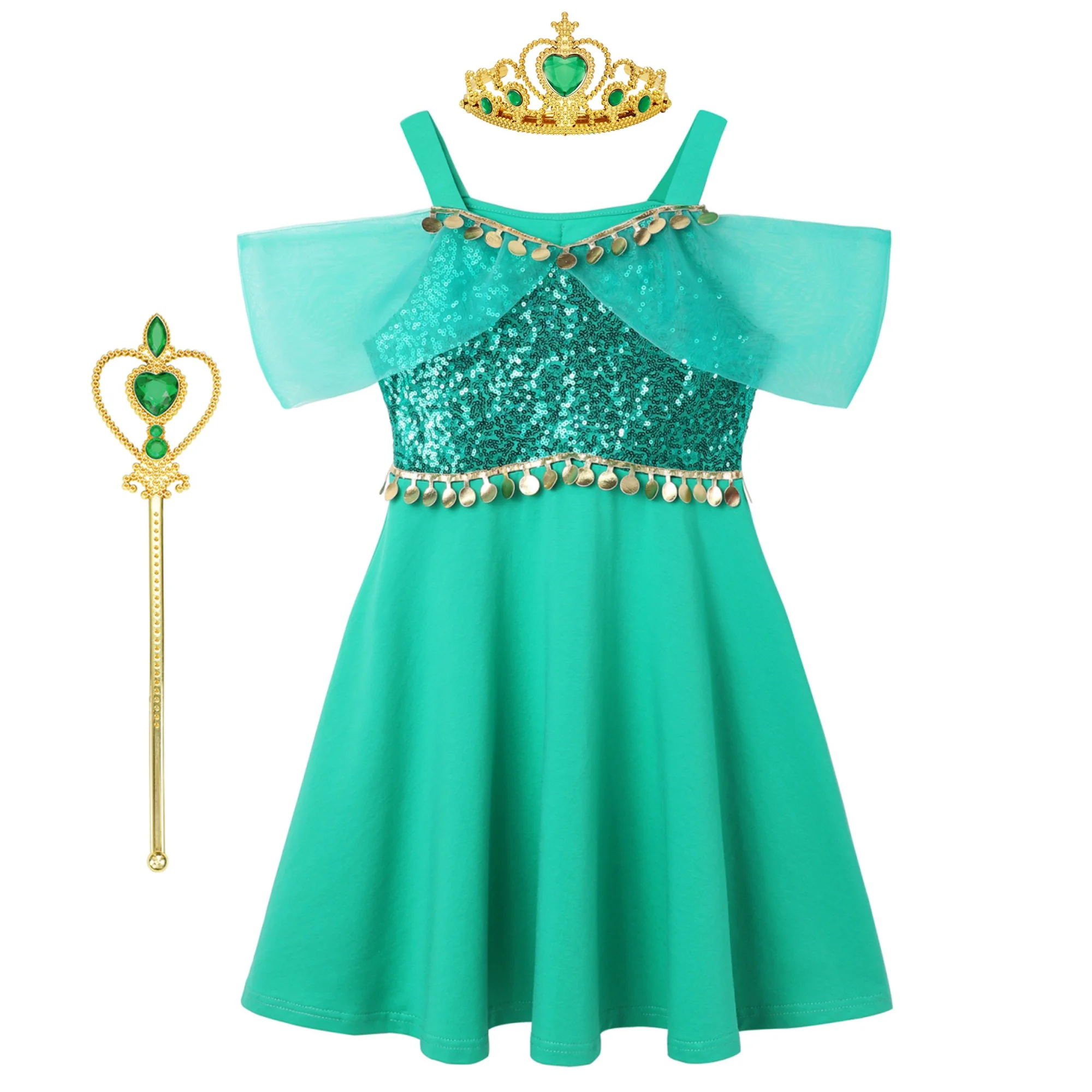  Girls Jasmine Inspired Sequin Off-Shoulder Dress with Crown Wand & Jewelry Set Summer Children's Party Performance Costumes