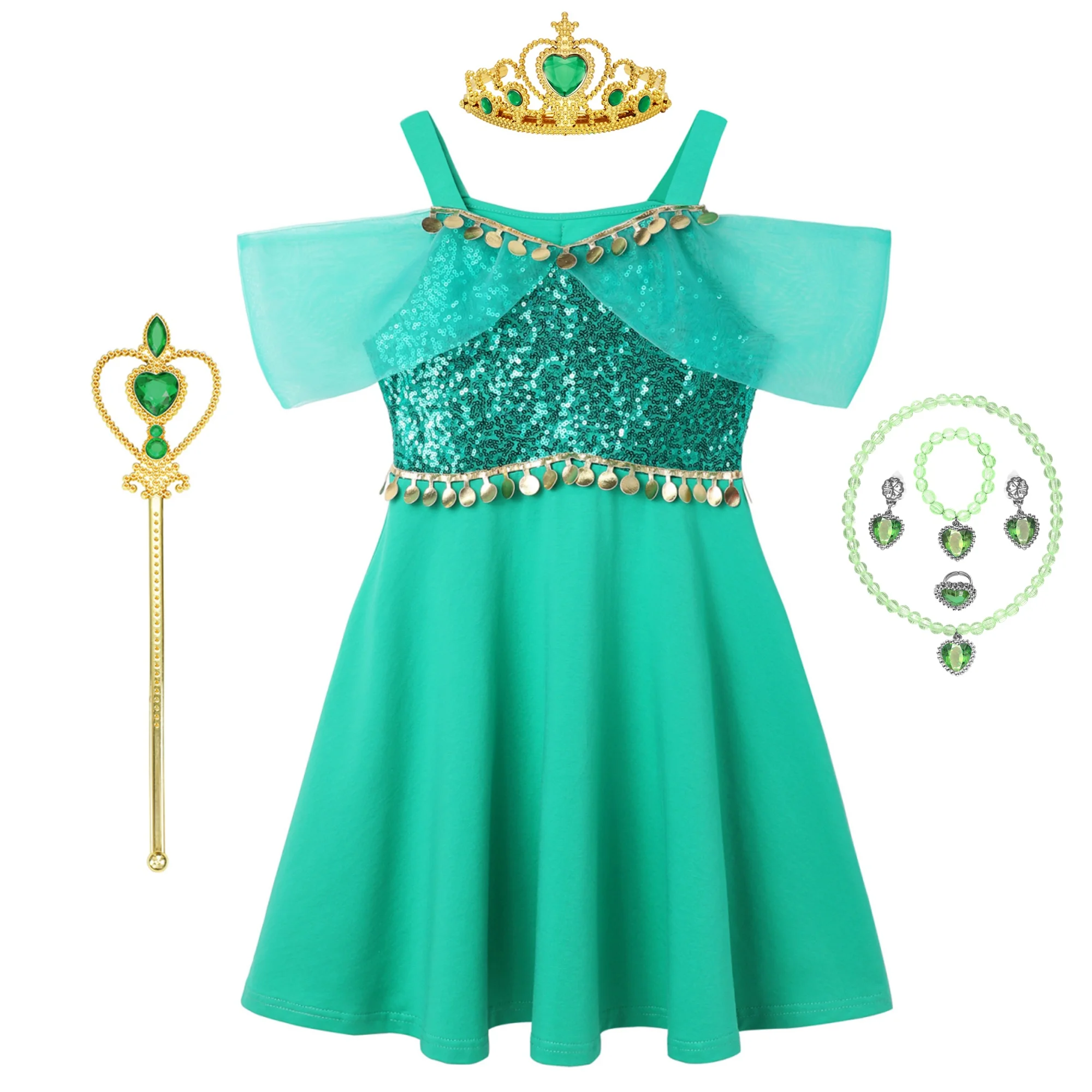 Girls Jasmine Inspired Sequin Off-Shoulder Dress with Crown Wand & Jewelry Set Summer Children's Party Performance Costumes