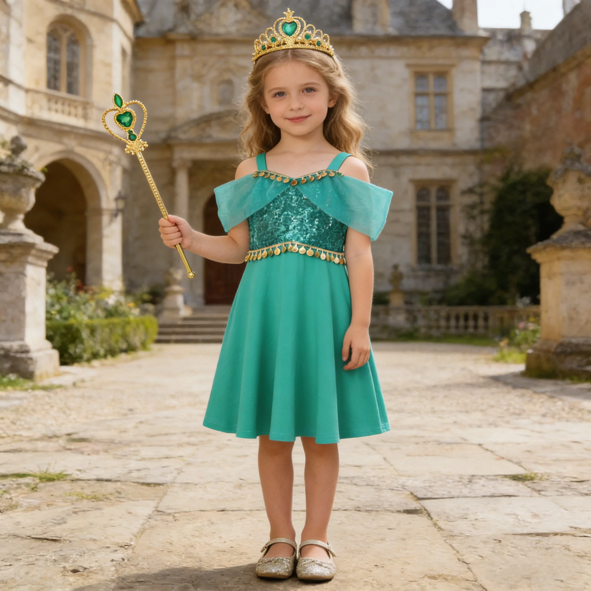  Girls Jasmine Inspired Sequin Off-Shoulder Dress with Crown Wand & Jewelry Set Summer Children's Party Performance Costumes
