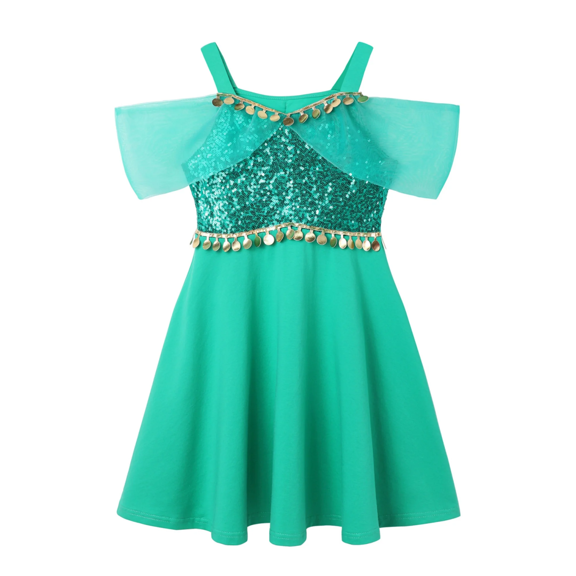  Girls Jasmine Inspired Sequin Off-Shoulder Dress with Crown Wand & Jewelry Set Summer Children's Party Performance Costumes