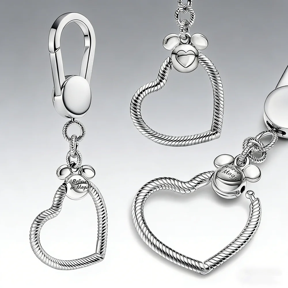 925 Sterling Silver Keychain Mickey Mouse Charm Heart Shape Snake Chain Charm Holder DIY Cartoon Jewelry Gift For Women Girl