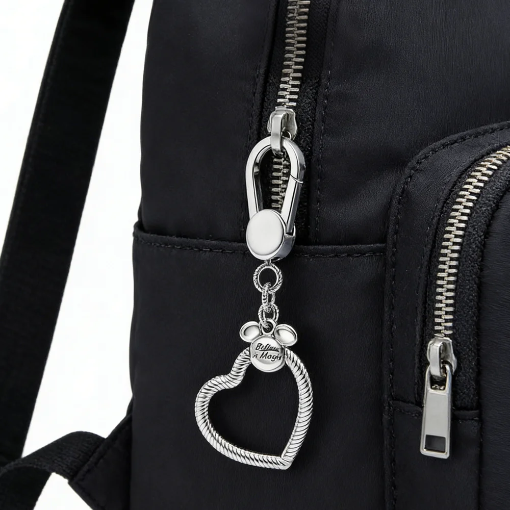 925 Sterling Silver Keychain Mickey Mouse Charm Heart Shape Snake Chain Charm Holder DIY Cartoon Jewelry Gift For Women Girl