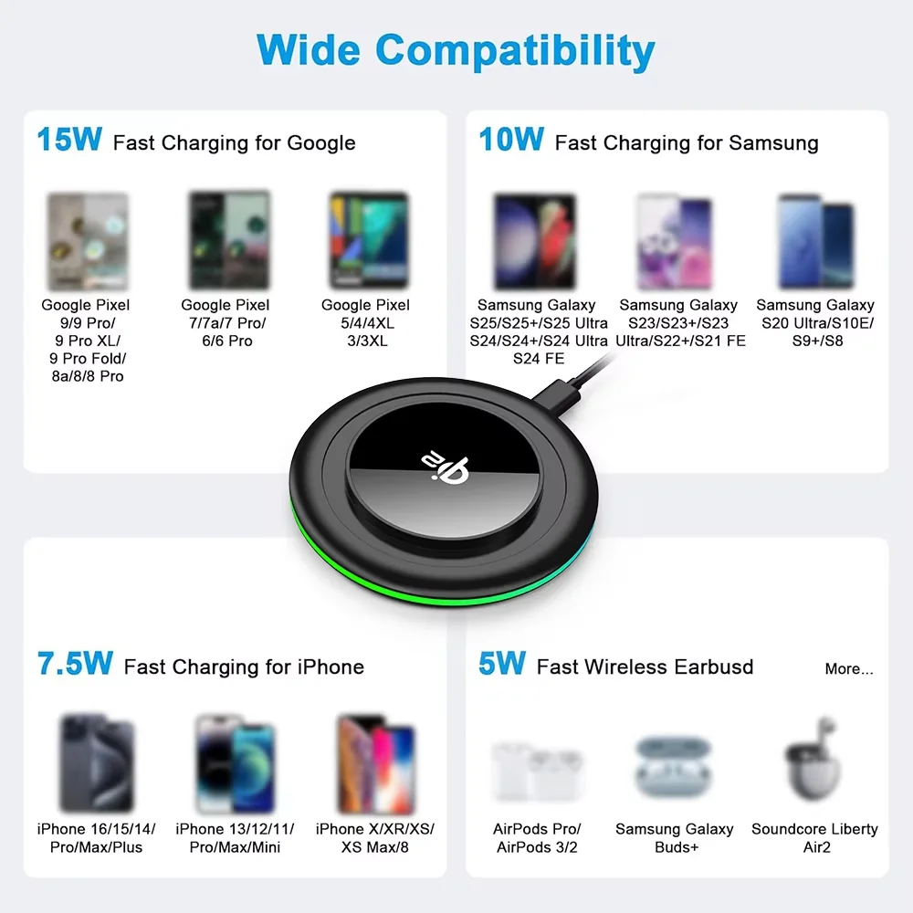 15W LED Wireless Charger Stand Fast Charging Station for iPhone 17 16 15 14 13 12 Pro Max 8 X XR Xiaomi Samsung Smartphones