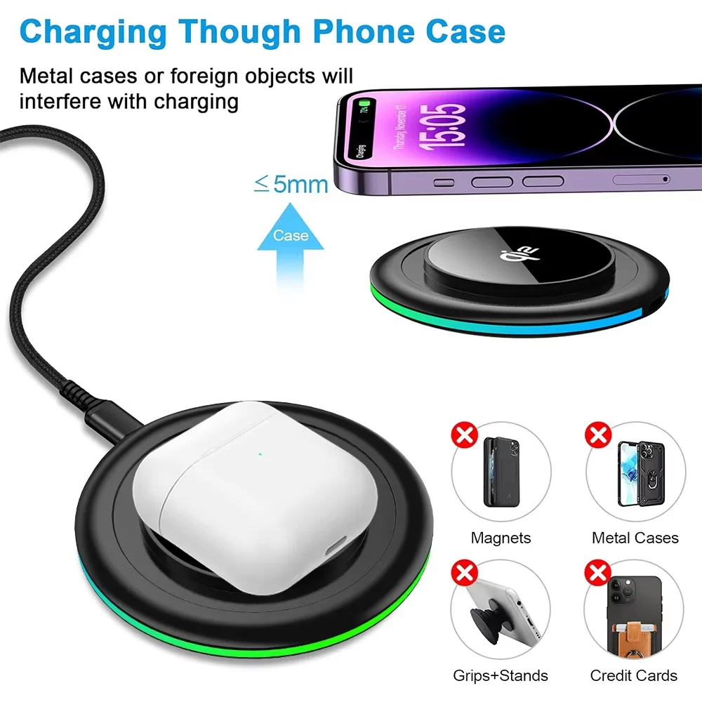 15W LED Wireless Charger Stand Fast Charging Station for iPhone 17 16 15 14 13 12 Pro Max 8 X XR Xiaomi Samsung Smartphones